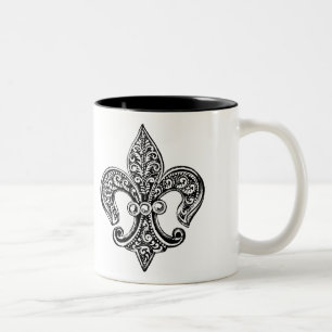 Caneca De Café Em Dois Tons Flor de Lis de Renda Preto e Branco Vintage