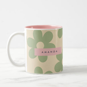 Caneca De Café Em Dois Tons Flor de Margarida Verde Salvia Retro Personalizada