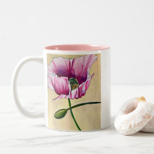 Caneca De Café Em Dois Tons Flor de papoila rosa com aquarelas