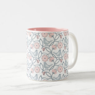 Caneca De Café Em Dois Tons Flor e Aves Padrão Sem Costura