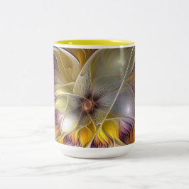 Caneca De Café Em Dois Tons Flor Fantasia Colorida Abstrata Fractal Moderna
