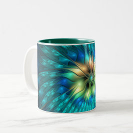 Caneca De Café Em Dois Tons Flor Fantasia Luminosa, Fractal Abstrato Colorido