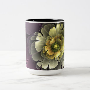 Caneca De Café Em Dois Tons Flor Fractal Abstrata Moderna Purpur Khaki Cinza