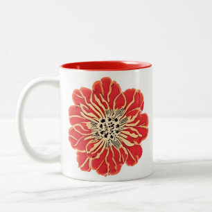 Caneca De Café Em Dois Tons Flor Grande de Arte Vermelha Nouveau