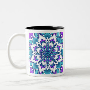 Caneca De Café Em Dois Tons Flor Roxo Turquesa Mandala