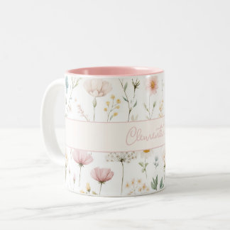 Caneca De Café Em Dois Tons Flor Silvestre Botânica Nome Personalizado Rosa Po
