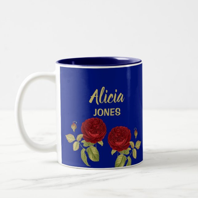 Caneca De Café Em Dois Tons Flor vermelha e folhas azuis (Esquerda)