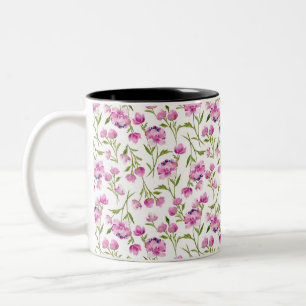 Caneca De Café Em Dois Tons Florais de Aquarela Boêmica - Rosa em Branco