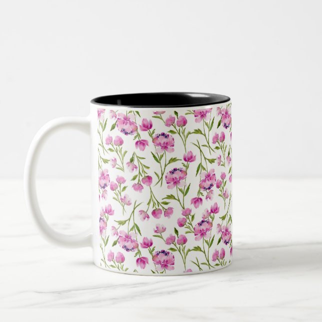 Caneca De Café Em Dois Tons Florais de Aquarela Boêmica - Rosa em Branco (Esquerda)