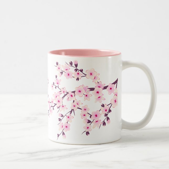 Caneca De Café Em Dois Tons Florais Flores de Cerejeira Rosa Branco (Direita)