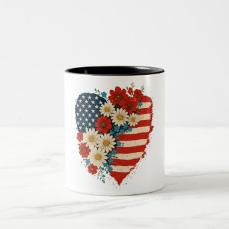Caneca De Café Em Dois Tons Floral American Flag Heart 4 de julho EUA