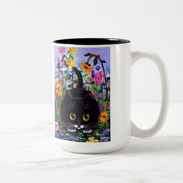 Caneca De Café Em Dois Tons Floral Art Black Tuxedo Cat Flowers Criationarts (Direita)