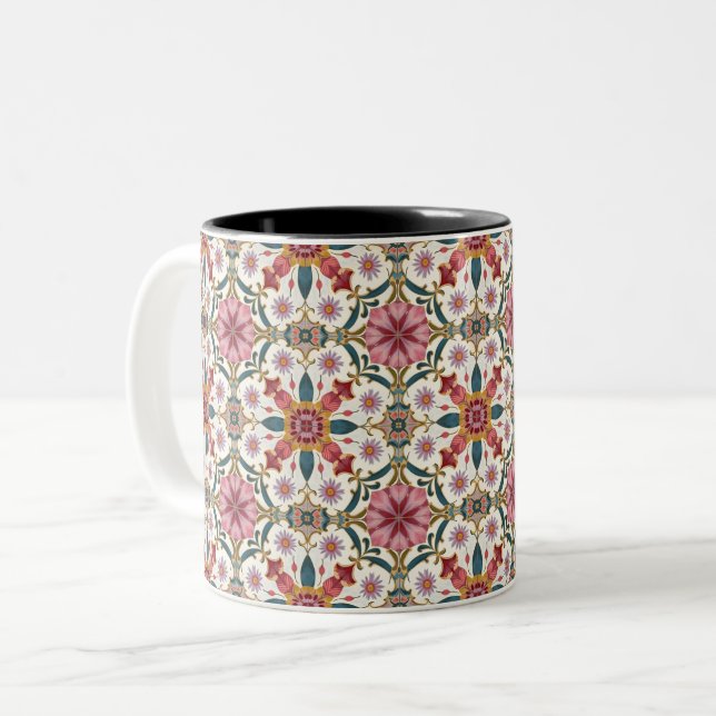 Caneca De Café Em Dois Tons Floral Boho Pattern in Red, Pink & Teal (Frente Esquerda)