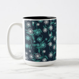Caneca De Café Em Dois Tons Floral Branco e Teal Encantado