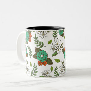 Caneca De Café Em Dois Tons Floral Branco e Verde Retro