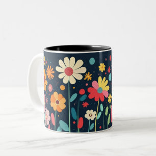 Caneca De Café Em Dois Tons Floral Colorido, Folclore Vibrante e Brilhante Bon