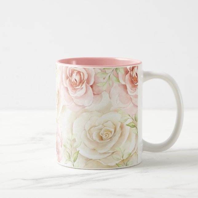 Caneca De Café Em Dois Tons Floral de Blush Rosa Elegante (Direita)