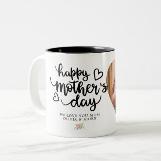 Caneca De Café Em Dois Tons Floral de Texto Personalizado de Foto do Dia de as