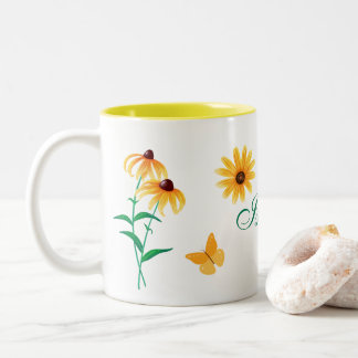 Caneca De Café Em Dois Tons Floral de Verão, de olhos negros, Susan Yellow Flo