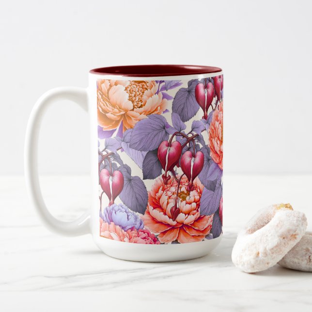 Caneca De Café Em Dois Tons Floral e Penumina Romântica Hemorragia Cardíaca (Com Donut)