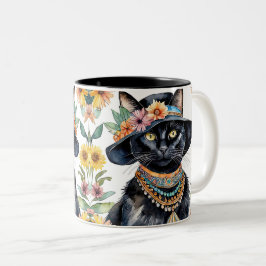 Caneca De Café Em Dois Tons Floral Feline com Hat 11 oz