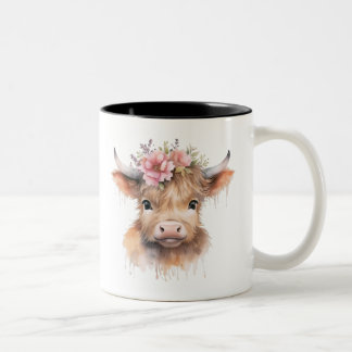Caneca De Café Em Dois Tons Floral Highland Cow Watercolor