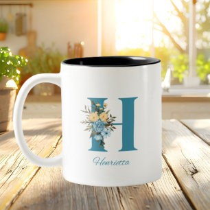 Caneca De Café Em Dois Tons Floral Mínima Azul