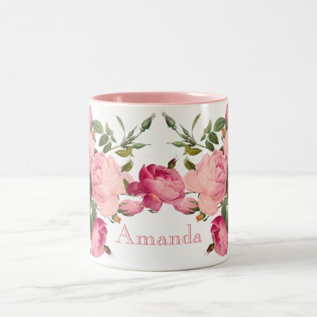 Caneca De Café Em Dois Tons Floral monogramed bonito. Rosas (Centro)
