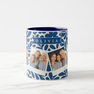 Caneca De Café Em Dois Tons Floral Nórdico Personalizado Azul Folclórico