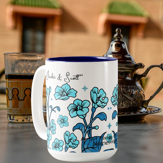 Caneca De Café Em Dois Tons Floral Teal Personalize (Criador carregado)