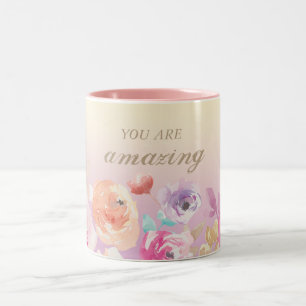 Caneca De Café Em Dois Tons Flores Adoráveis Coloridas em Aquarela