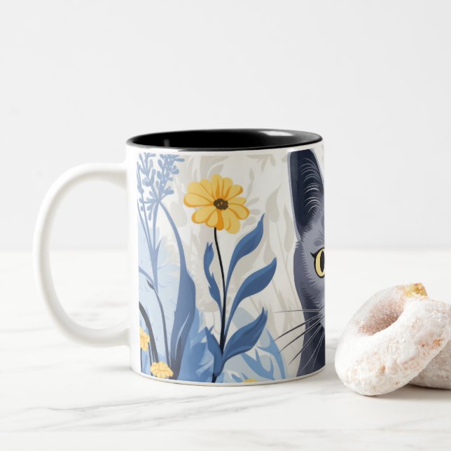 Caneca De Café Em Dois Tons Flores Amarelas do Gato Azul Russo (Com Donut)