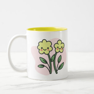 Caneca De Café Em Dois Tons Flores Amarelas Sorridente Kawaii Rosa Pastel