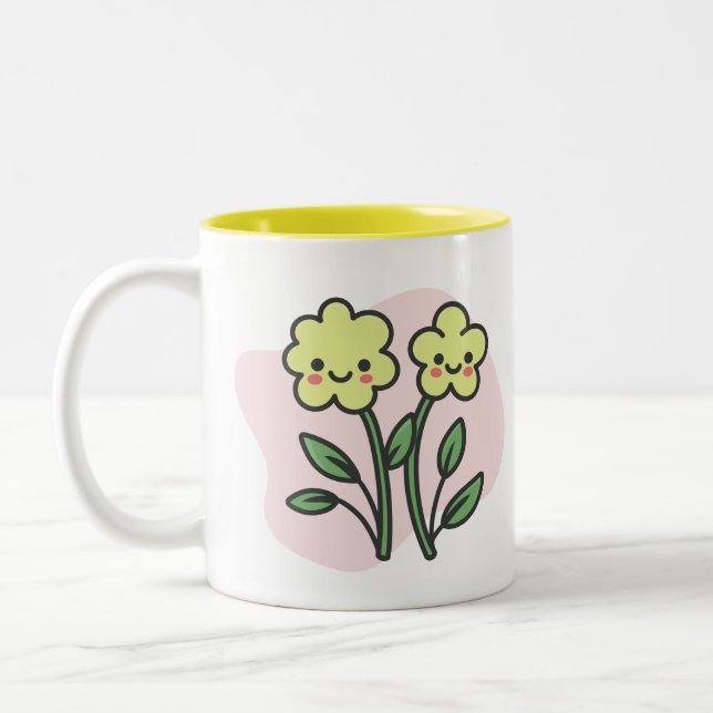 Caneca De Café Em Dois Tons Flores Amarelas Sorridente Kawaii Rosa Pastel  (Esquerda)