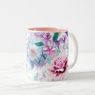Caneca De Café Em Dois Tons Flores azuis, cor de água rosa.