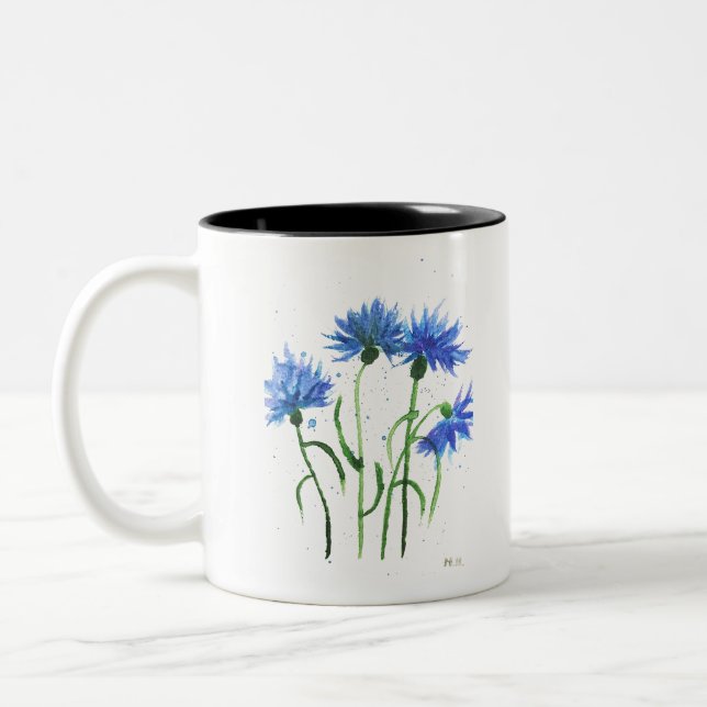 Caneca De Café Em Dois Tons Flores azuis de centáureas aquarela rústica modern (Esquerda)