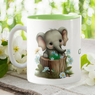 Caneca De Café Em Dois Tons Flores Azuis De Elefante Para Bebês Cute Personali