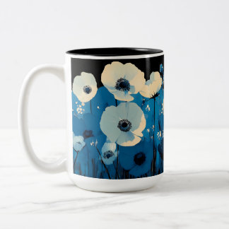 Caneca De Café Em Dois Tons Flores brancas e azuis