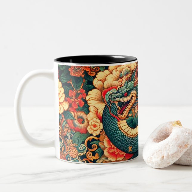 Caneca De Café Em Dois Tons Flores cobra verdes (Com Donut)