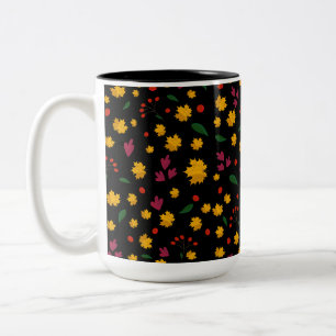 Caneca De Café Em Dois Tons Flores Coloridas e Folhas Laranja