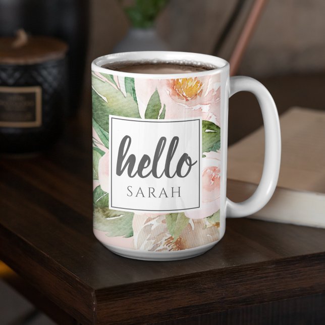 Caneca De Café Em Dois Tons Flores Cor d'Água Moderna Rosa e Nome & Alô (Criador carregado)