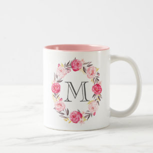 Caneca De Café Em Dois Tons Flores Cor de Água Rosa e Monograma de Folha de Ou