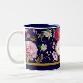 Caneca De Café Em Dois Tons Flores cor-de-rosa do monograma