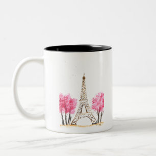 Caneca De Café Em Dois Tons Flores cor-de-rosa Elegante Torre Eiffel Paris
