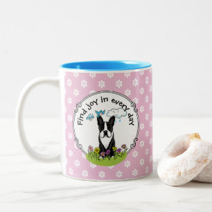 Caneca De Café Em Dois Tons Flores da primavera Boston Terrier Dog (preto) Cut