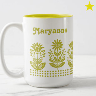 Caneca De Café Em Dois Tons Flores de Arte Popular Amarela Minimalista Moderna