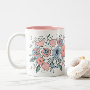 Caneca De Café Em Dois Tons Flores de Boho Azul Cor-de-Rosa com Tendência