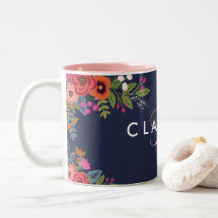 Caneca De Café Em Dois Tons Flores de Boho - Marinho Azul com Monograma Rosa
