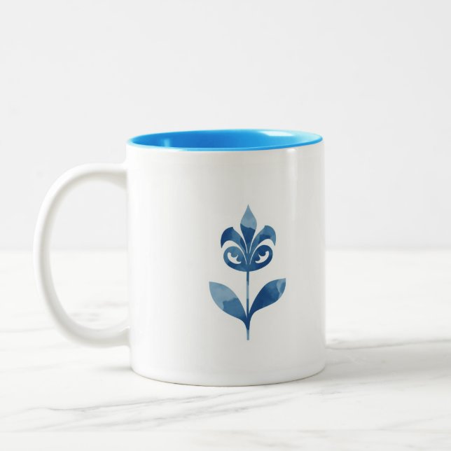 Caneca De Café Em Dois Tons Flores de Cerâmica Azul em Aquarela (Esquerda)