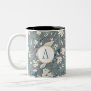 Caneca De Café Em Dois Tons Flores De Cinza Azul De Cor Da Água, Monogramas Cl